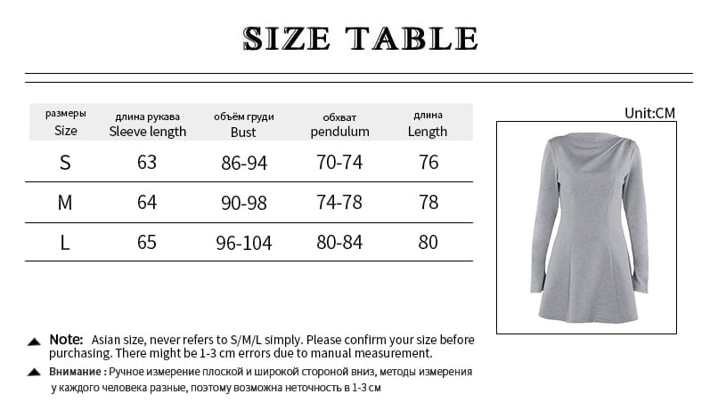 Gray slim fit long sleeve a line flared dress featuring a high neckline and a flared skirt.