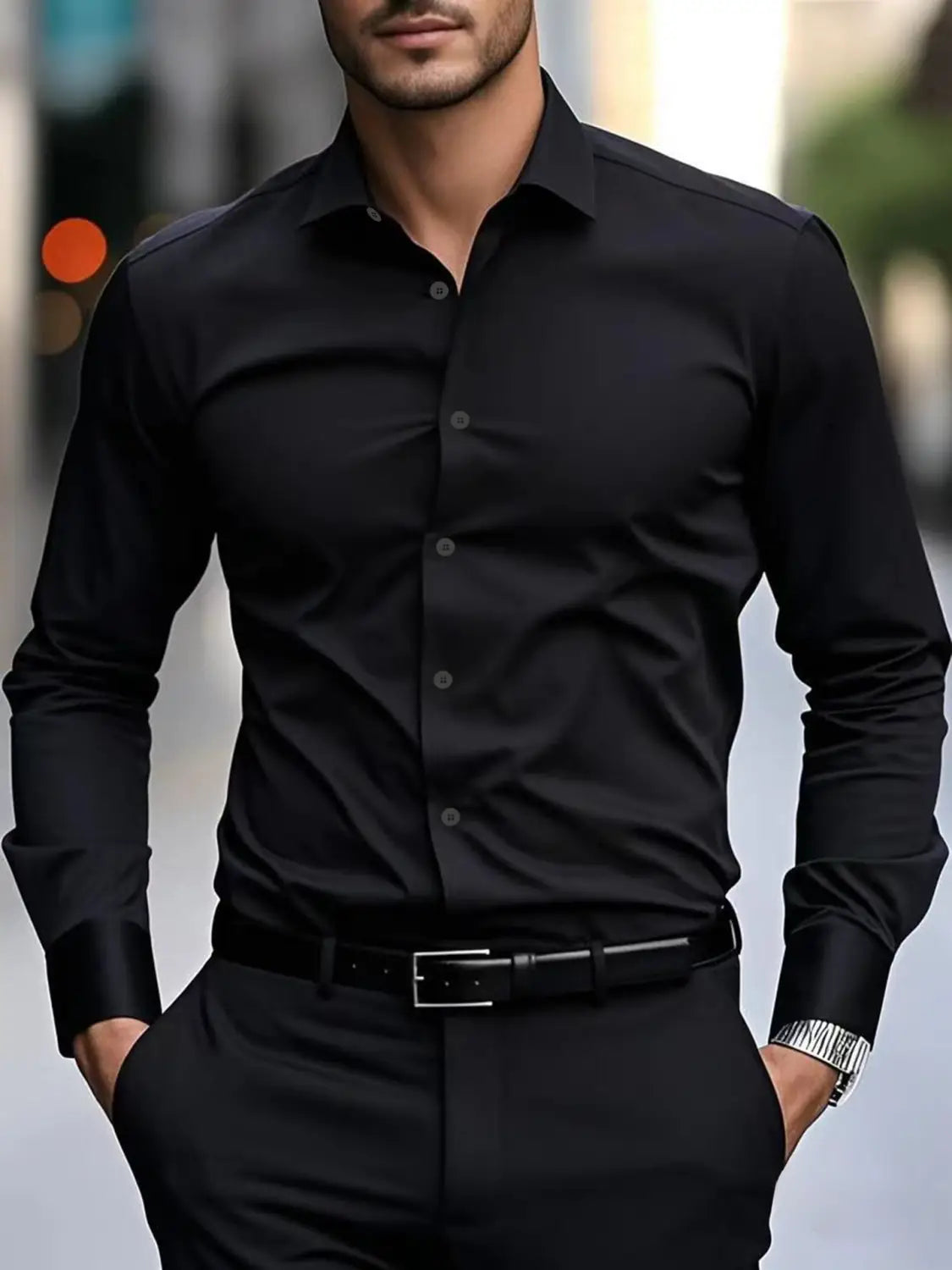Ein Slim-Fit-Businesshemd für Herren mit schwarzem Design und langen Ärmeln, klassischem Kragen und Knopfleiste zum Durchknöpfen für formelle und professionelle Verwendung.