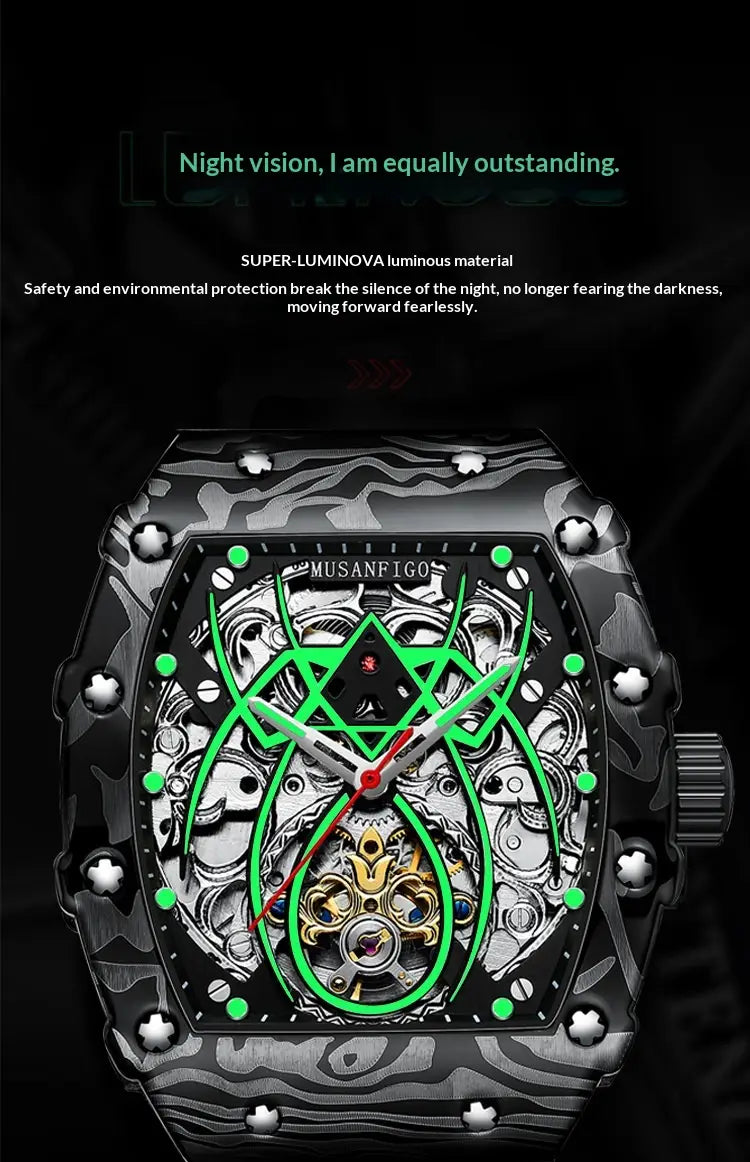 Men’s barrel skeleton automatic mechanical sport watch featuring a black and gray camouflage pattern with a skeletonized face and glowing green super-luminova hands and markers.