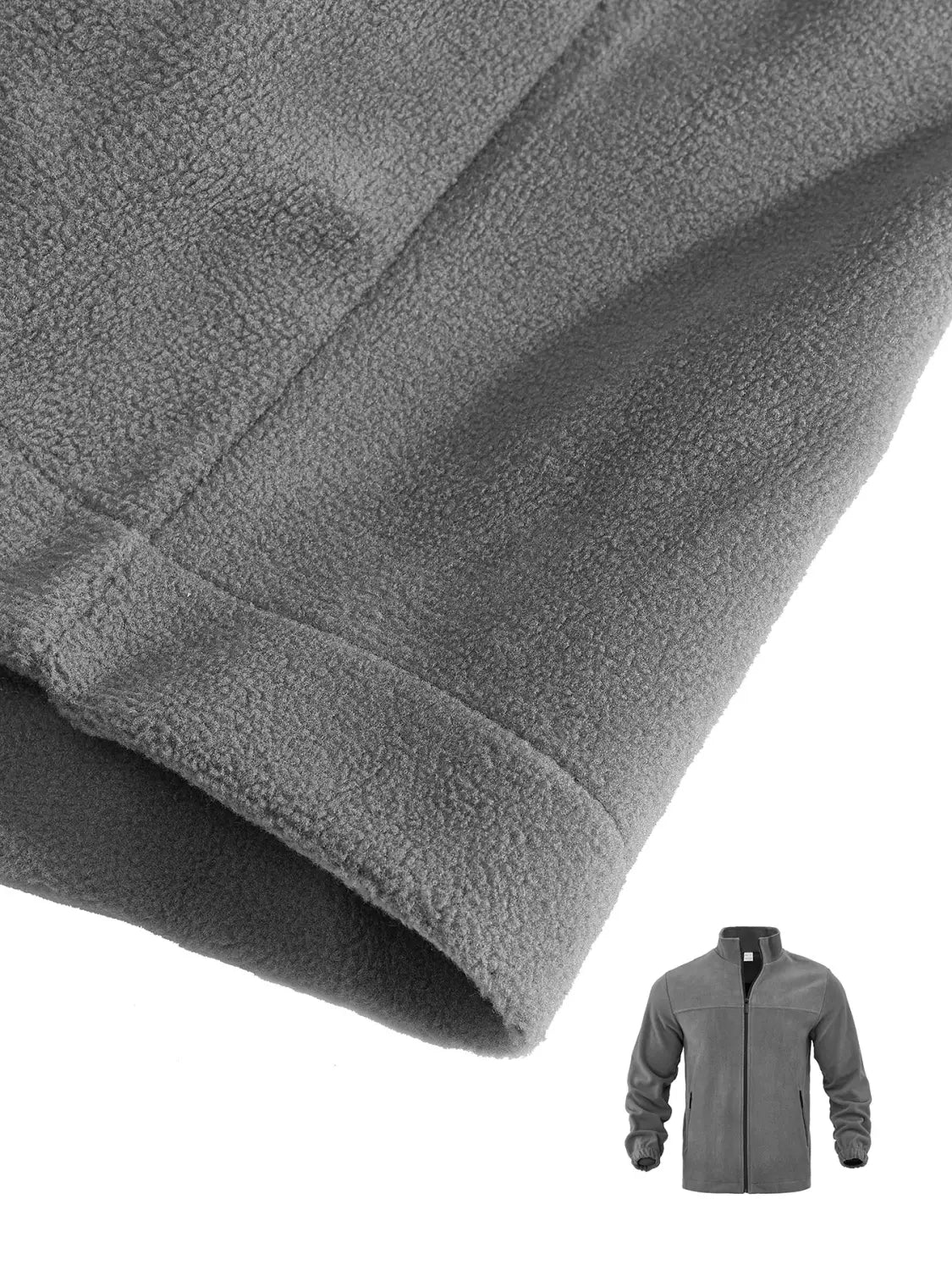 Chaqueta polar para hombre de cierre completo con cuello alto en color gris, con una superficie de textura suave y parte delantera con cierre completo.