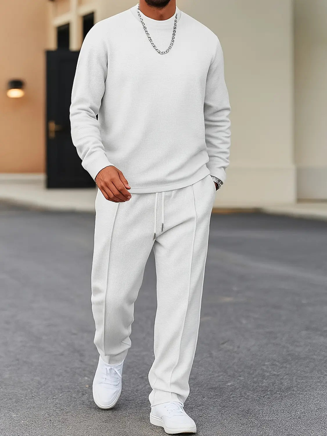 white ribbed knit mens minimalist solid color sweatshirt jogger set with matching joggers and sneakers