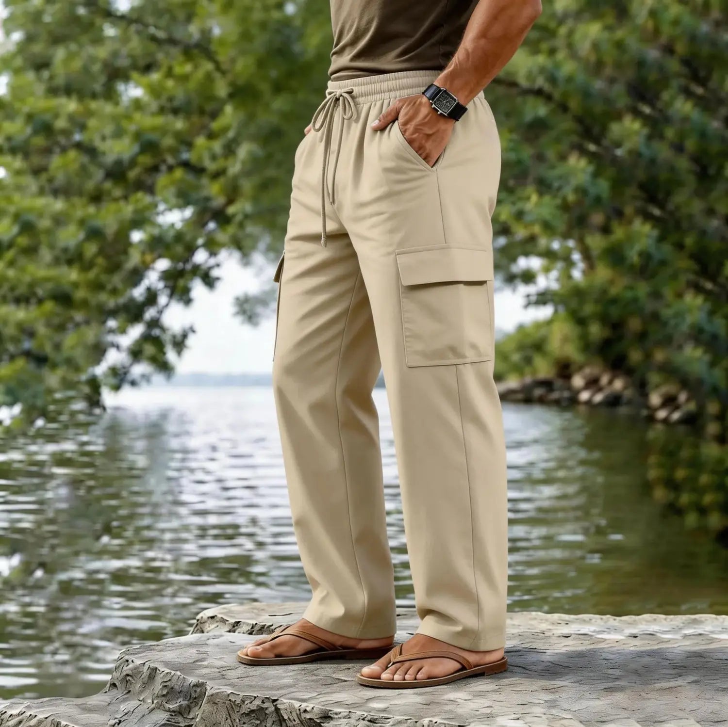Beige men cotton linen cargo pants with a drawstring waist and multiple pockets designed for casual wear with a straight leg fit.