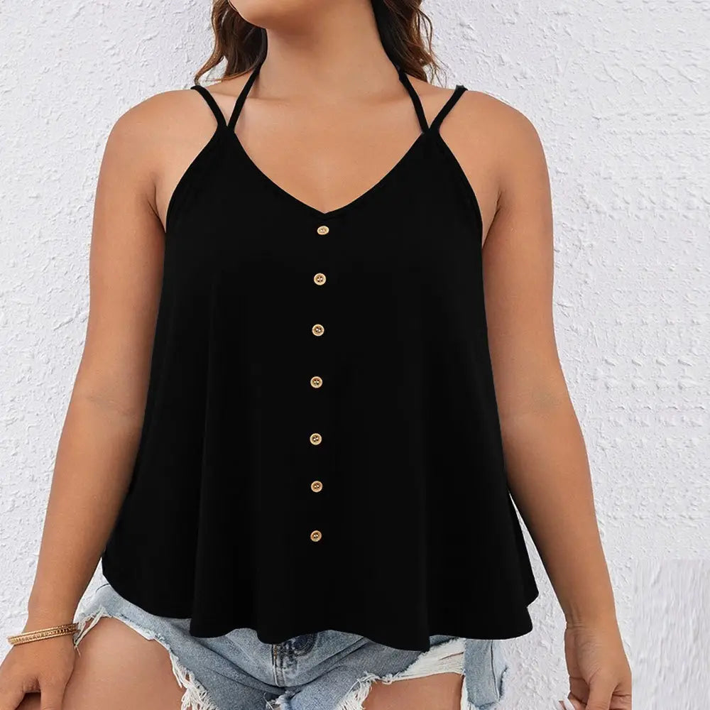 Black button front v-neck tank top plus size featuring a black halter neck design with gold buttons down the front.