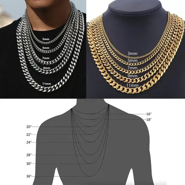 Unisex 18k gold plated stainless steel Cuban link necklaces in gold and silver displayed on mannequins with size guides showing various widths from 3mm to 11mm.