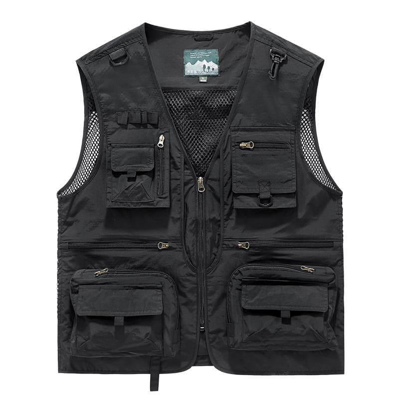Gilet utilitaire en mesh à séchage rapide pour hommes de couleur noire, avec plusieurs poches zippées et panneaux en mesh sur les côtés pour une meilleure respirabilité.