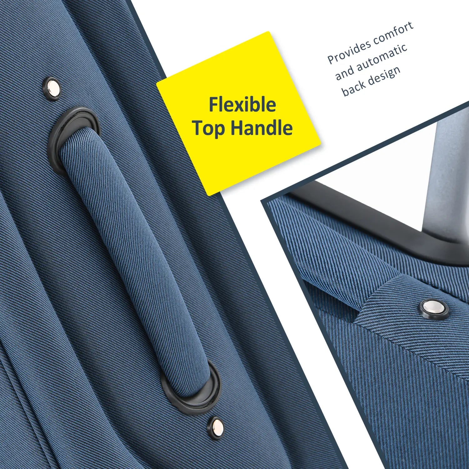 Navy blue softside expandable 3 piece spinner luggage set with blue fabric top handle featuring black plastic reinforced rings and metallic rivets.