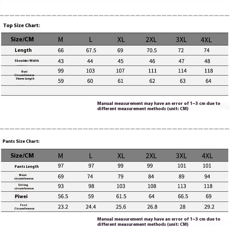 A size chart displaying measurements in centimeters for men casual sweatshirt and joggers set sizes m through 4xl.
