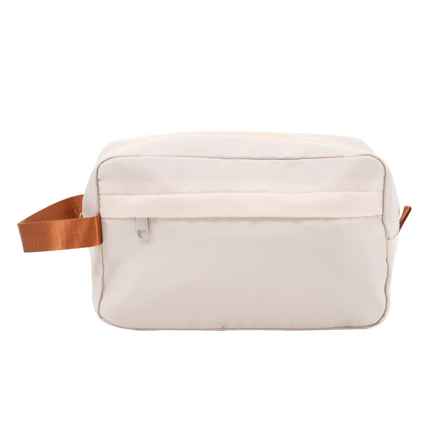 Cream-colored nylon toiletry bag with tan webbed handle and zipper pull in vintage 24 inch hardshell luggage set with TSA lock in white.