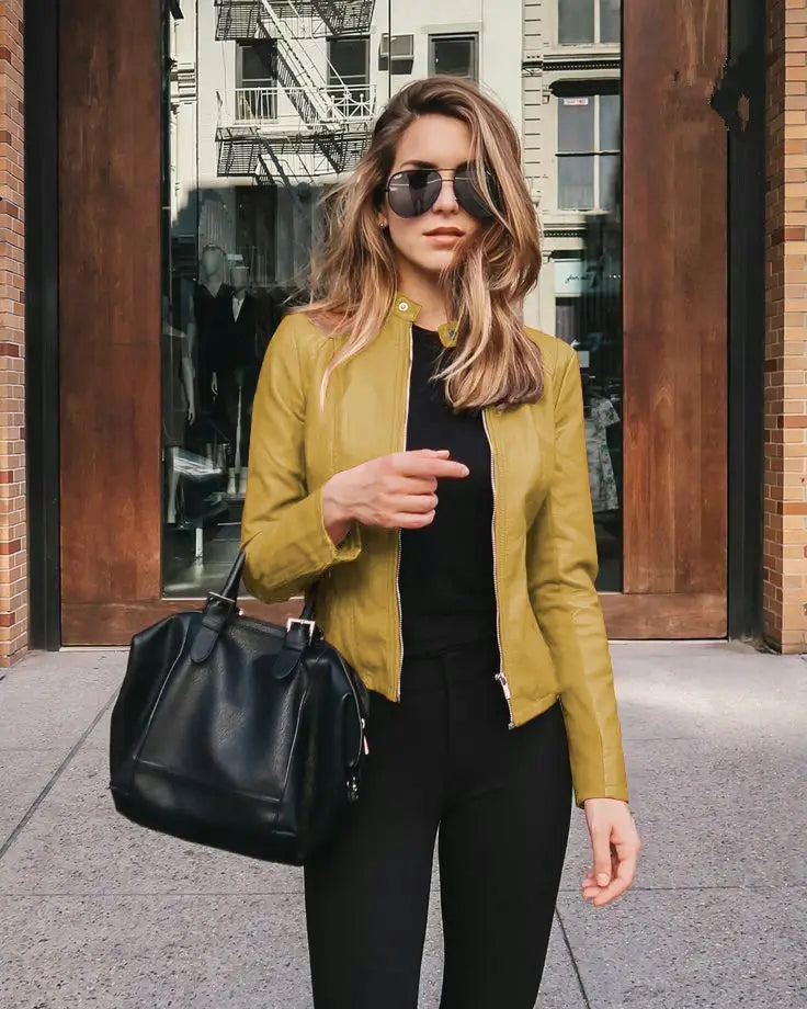 Olive green women’s faux leather bomber jacket shown from the back featuring an urban casual coat design.