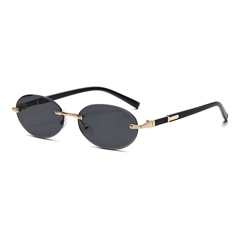 Black and gold rimmed frameless oval UV400 fashion sunglasses with metal accents and dark gray lenses.