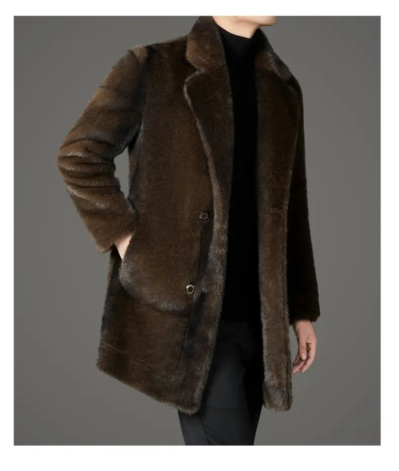 Men’s furs shearling double breasted winter coat in rich brown faux fur with a plush textured surface.