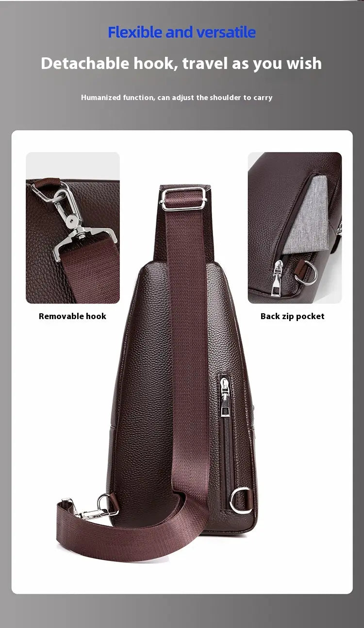 Brown leather men’s retro waterproof faux leather crossbody chest bag shown from the back with detachable adjustable strap and zippered back pocket.