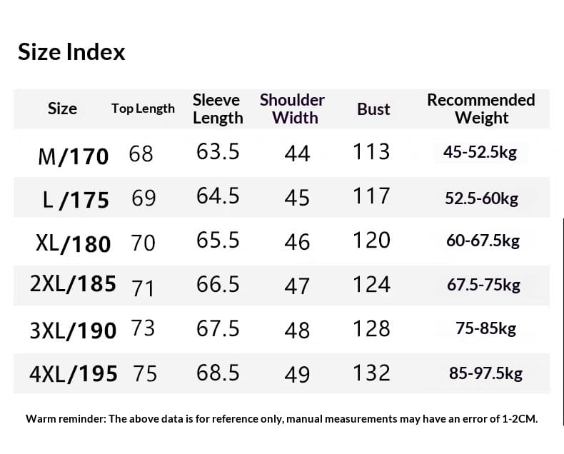size index chart in centimeters with recommended weight ranges for men fleece lined winter jacket business casual sizes m 170 to 4xl 195.