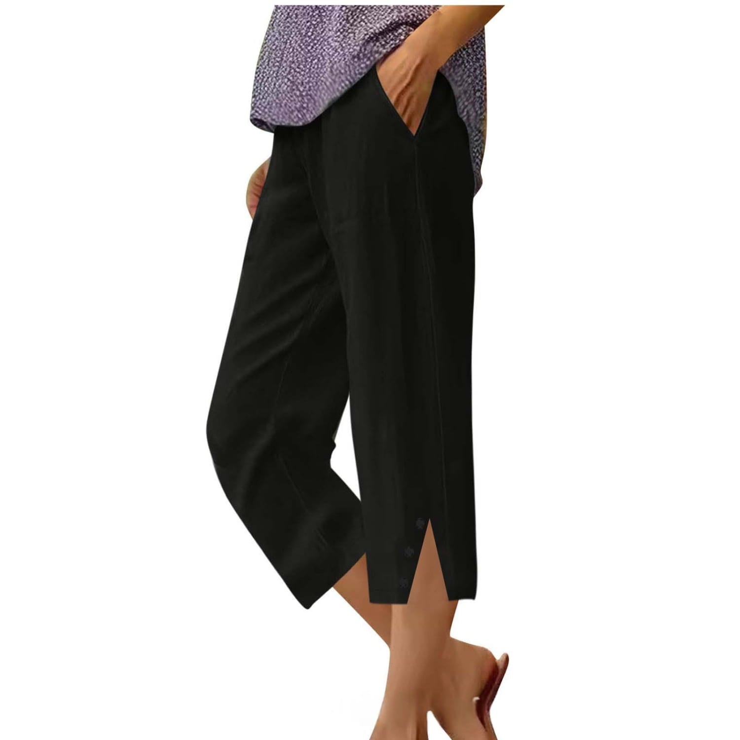 Pantalons capri amples en coton noir pour femmes avec une coupe droite et des fentes latérales, comprenant des poches