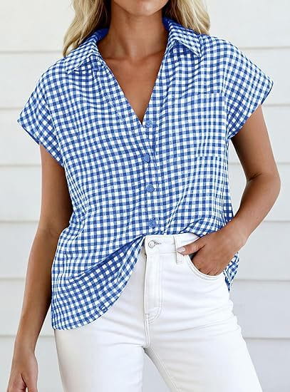 Blue and white gingham short-sleeved button-up blouse with collar and front knot detail.