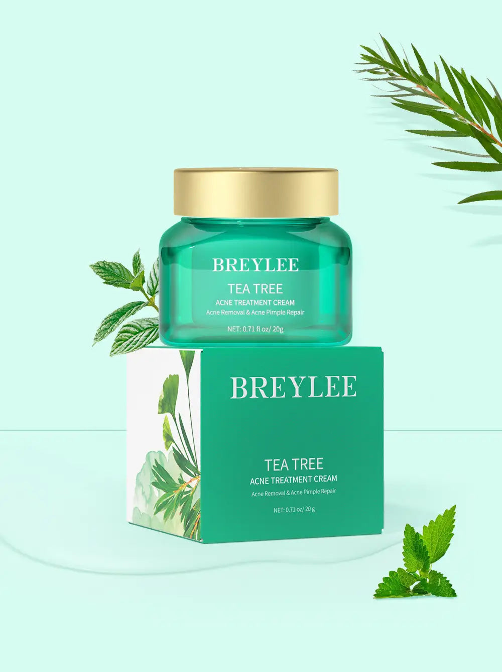 Teal glass jar with gold lid containing Breylee tea tree acne treatment cream for face and neck 20g.