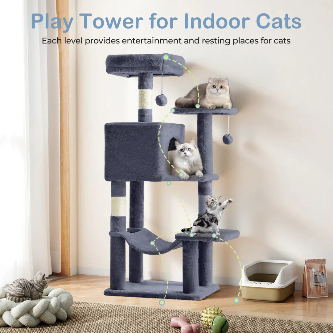 Gray plush indoor cat play tower with multiple levels, sisal scratching posts, and hanging toys designed for active cat entertainment.
