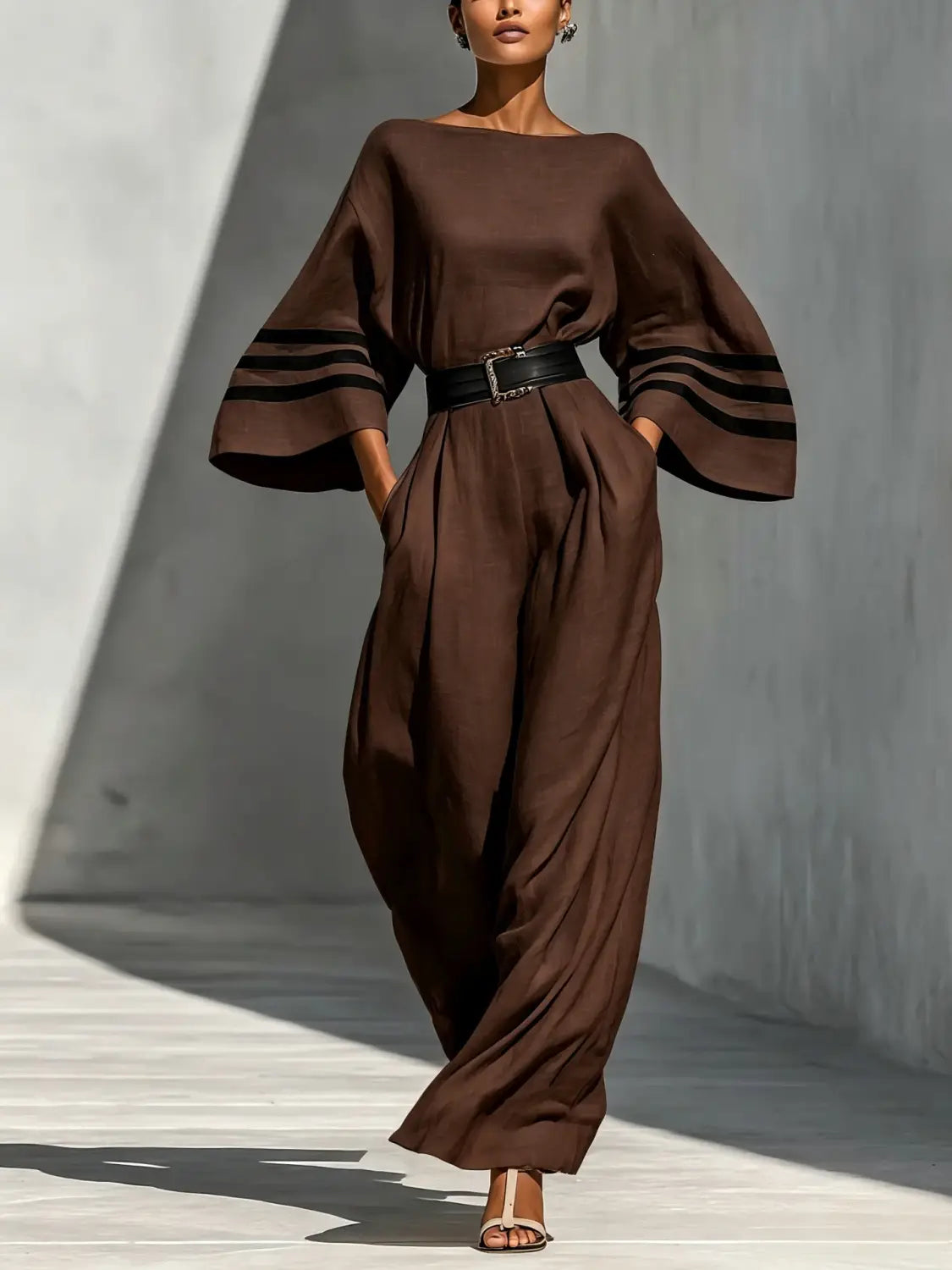 Brauner, fließender Jumpsuit aus Leinen mit weitem Bein, mit schwarzen gestreiften Manschetten und passendem Gürtel
