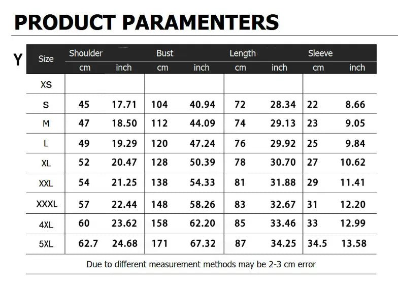Product parameters table for a floral Hawaiian short sleeve shirt men displaying size measurements in both centimeters and inches across shoulder bust length and sleeve dimensions.