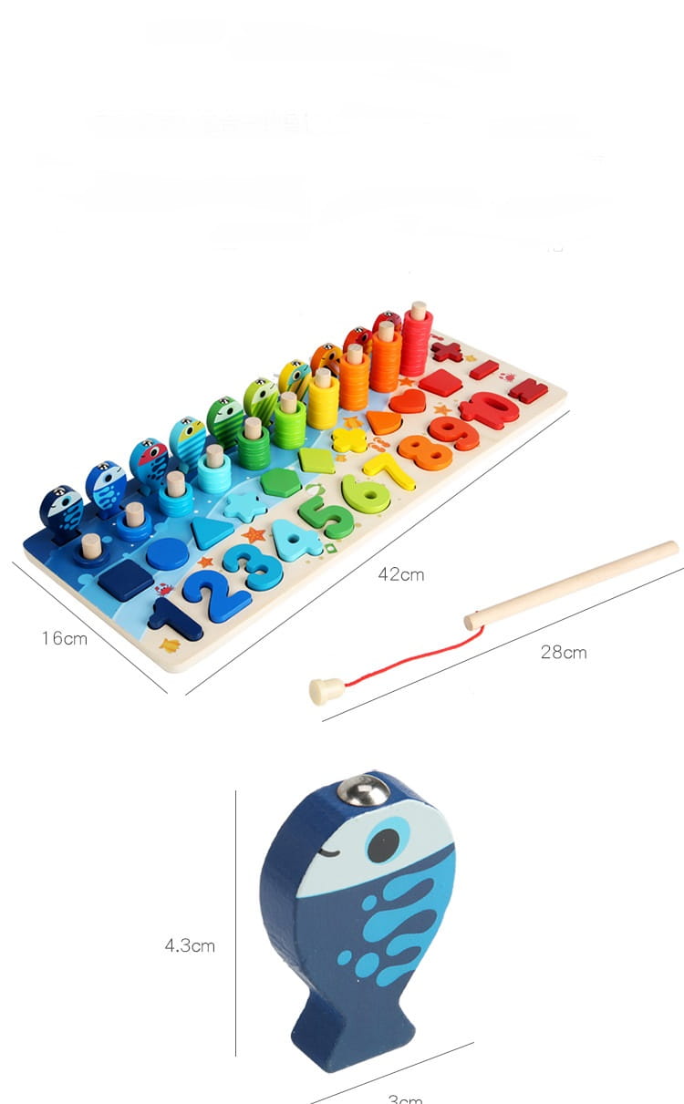 juguete de pesca de madera con forma de pez y de color azul, con clavijas coloridas numeradas y con formas, procedente del conjunto de juguetes de pesca del rompecabezas de números del alfabeto de madera