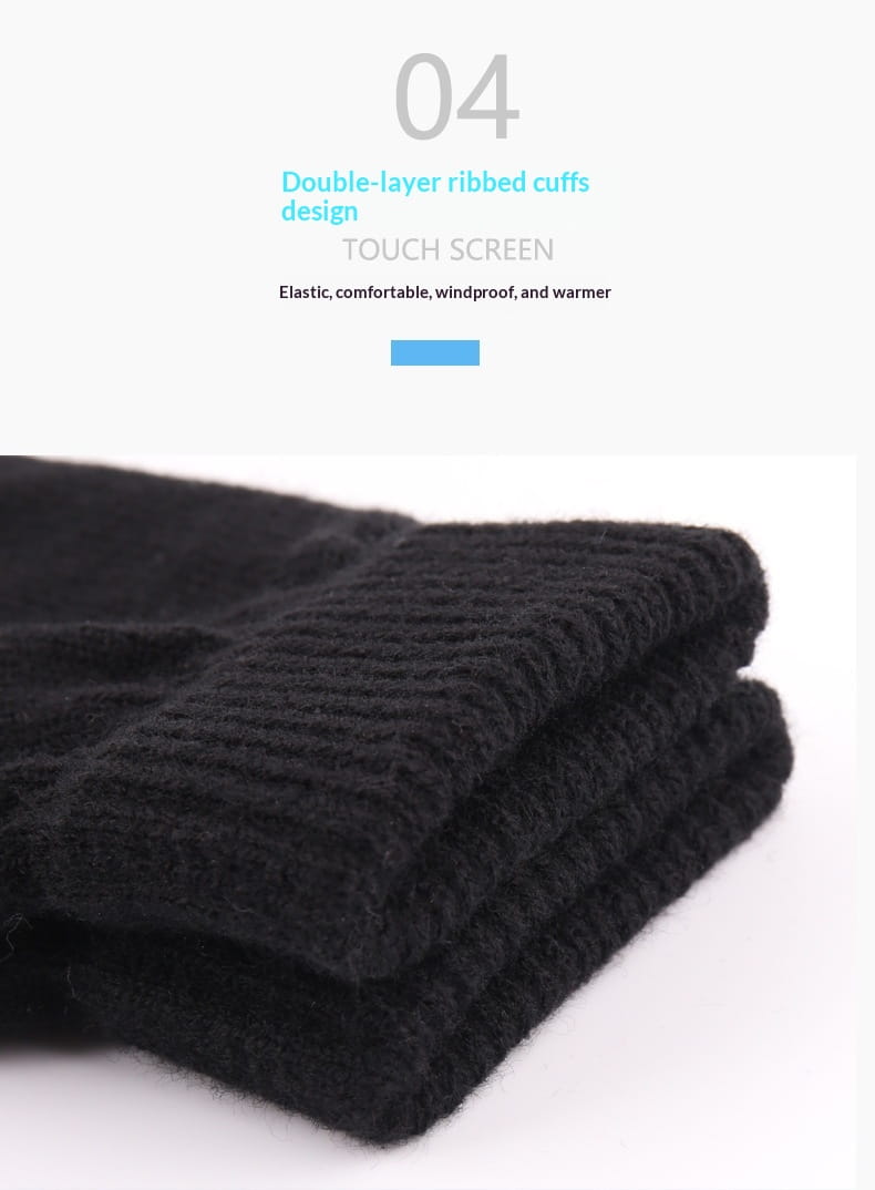 schwarze gestrickte Touchscreen-Wollhandschuhe für den Winter mit zweilagigem geripptem Bündchen-Design, von der Rückseite gezeigt