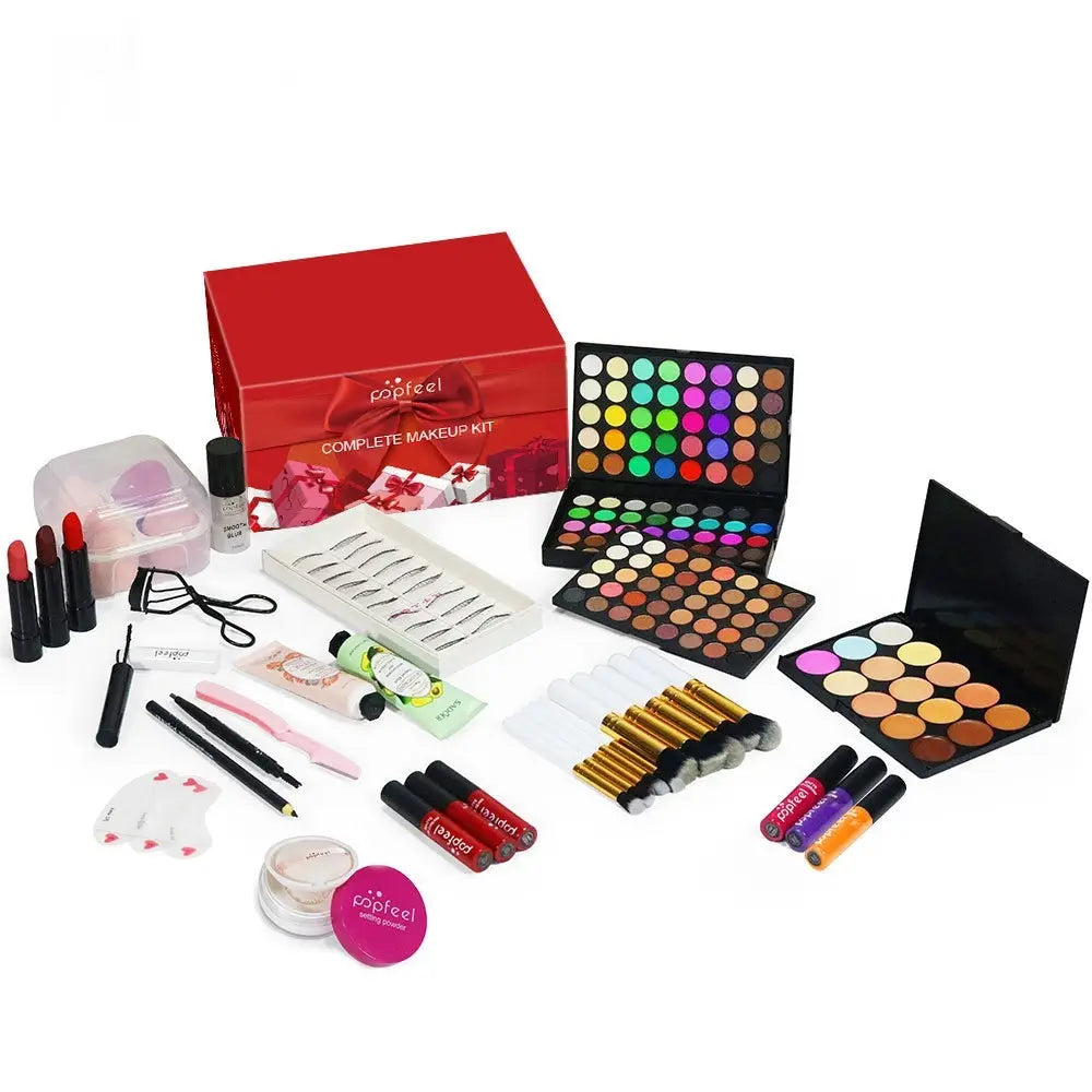red rectangular glossy makeup set box with papfeel complete makeup kit printed and decorative ribbon design for festive red gift kit 27 pcs