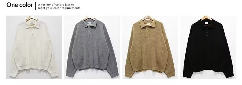 Men long sleeve knit polo sweater featuring a soft ribbed knit fabric in a solid color with a classic collar and buttoned placket.