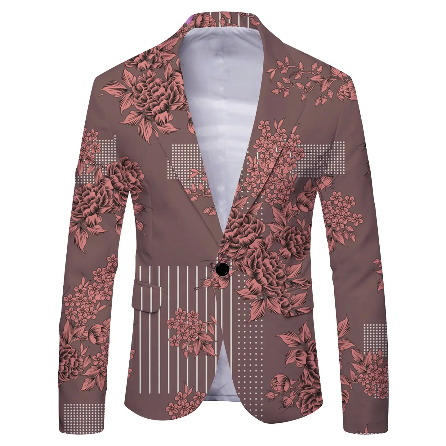 A stylish brown mens slim fit casual blazer in british style suit featuring a bold floral pattern in shades of pink and mauve with geometric vertical stripes and dotted squares.