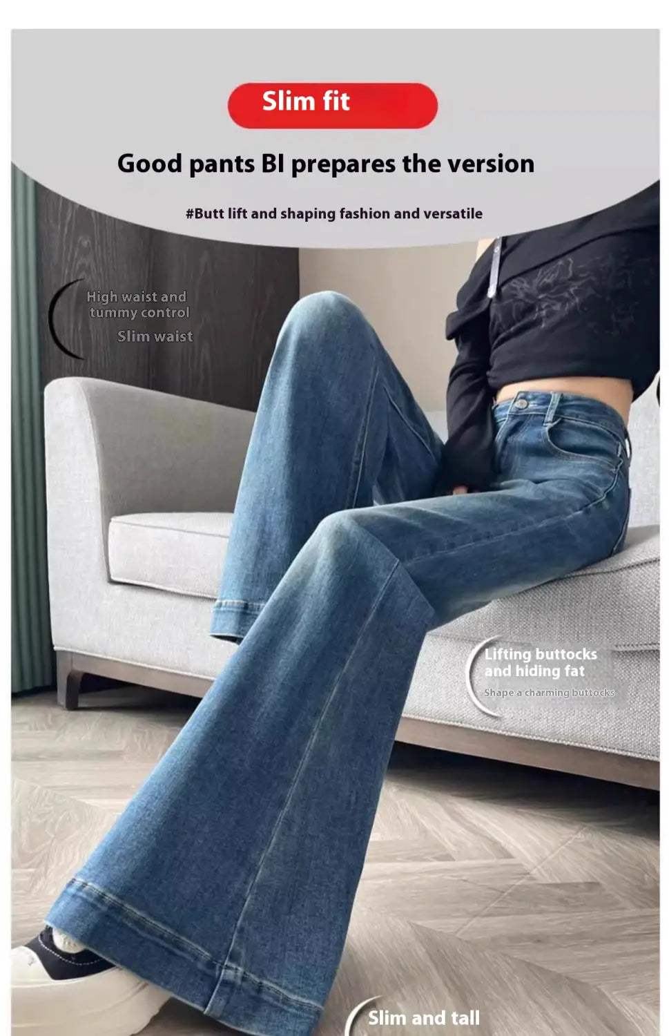 blaue Denim-High-Waist-Flared-Denimjeans mit Slim-Fit-Design und ausgestelltem Bein, für einen stilvollen und bequemen Look