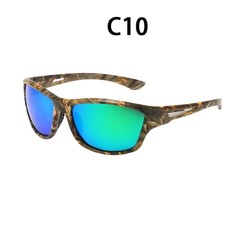 Polarisierte ovale Tarnung Herren-Sportsonnenbrille mit gradientblauen und grün verspiegelten Gläsern, ausgelegt für Outdoor-Aktivitäten.