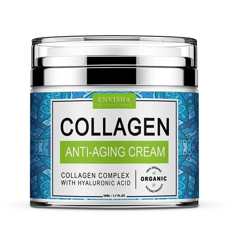 Envisha retinol collagen anti-aging cream with vitamin e in a clear glass jar with a silver lid and a blue patterned label, 50g.