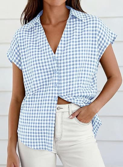 Light blue and white gingham patterned short-sleeved plaid button up blouse with a front knot and v-neckline.