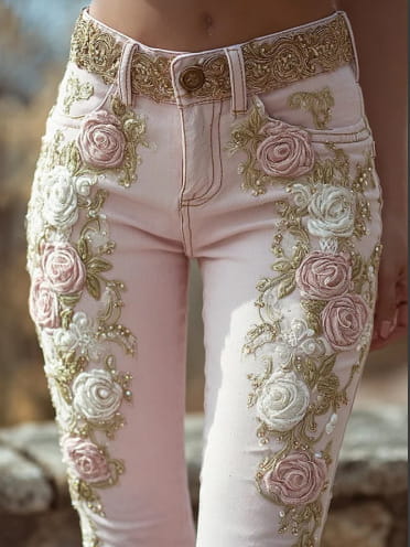 Jean évasé en denim rose à broderie florale, présentant une broderie florale complexe dans des tons de rose, de blanc et d’or sur un tissu en denim rose.