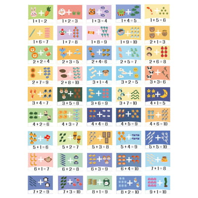 Educational math worksheet with colorful illustrations and addition problems paired with wooden addition blocks featuring vibrant colors for interactive learning.