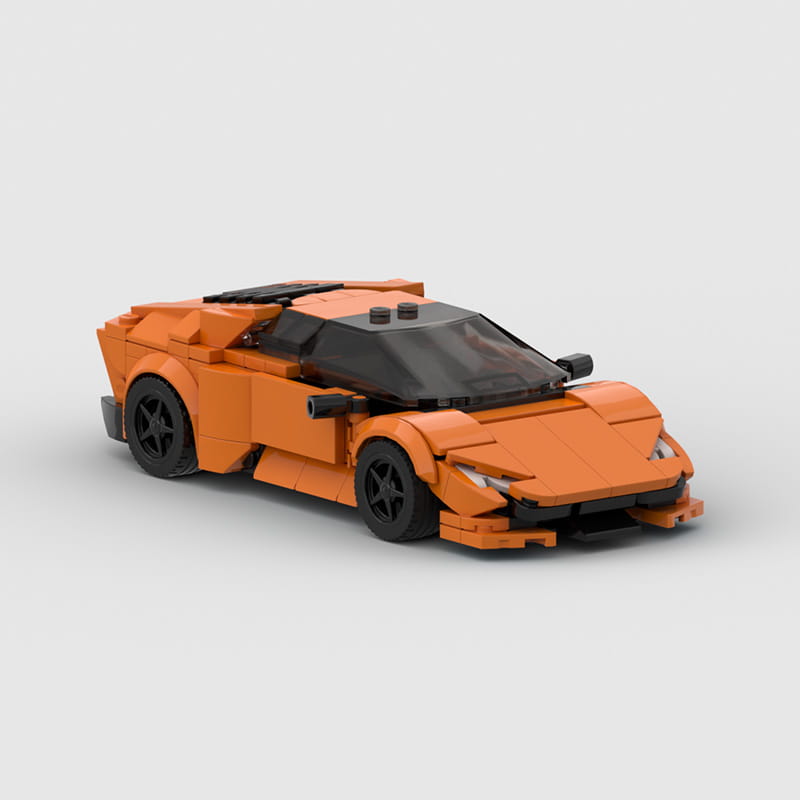 Vibrant orange lego Lamborghini racing model building block sports car kit with black accents and transparent windshield.