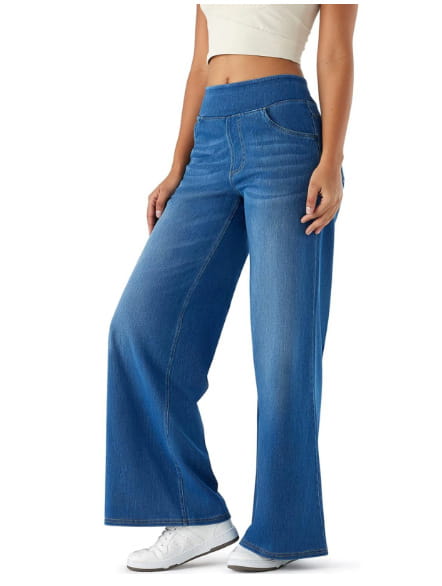 High-Waist Straight-Denimjeans in Blau mit Flair-Design und dezenten Waschungen für einen entspannten, stilvollen Look.