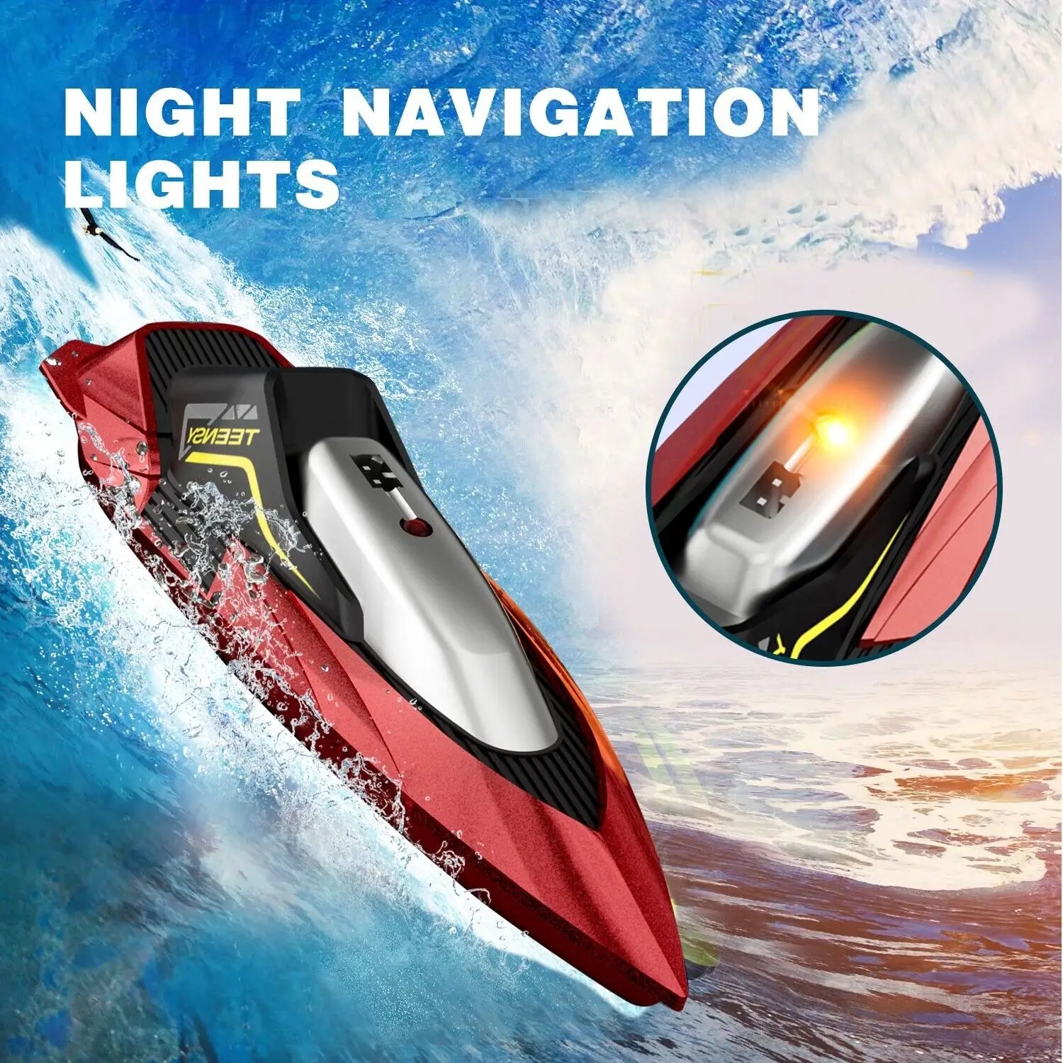 Jet ski télécommandé rouge et noir avec un panneau à accent argenté, arborant le logo de la marque teen pour une utilisation en bateau de course rapide destinée aux enfants.