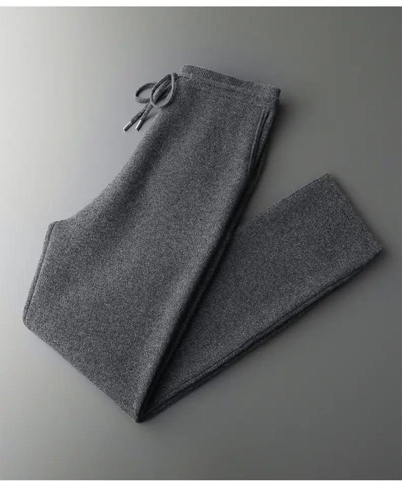 gray knit wool joggers with a drawstring waistband featured in a men wool cardigan sweatsuit