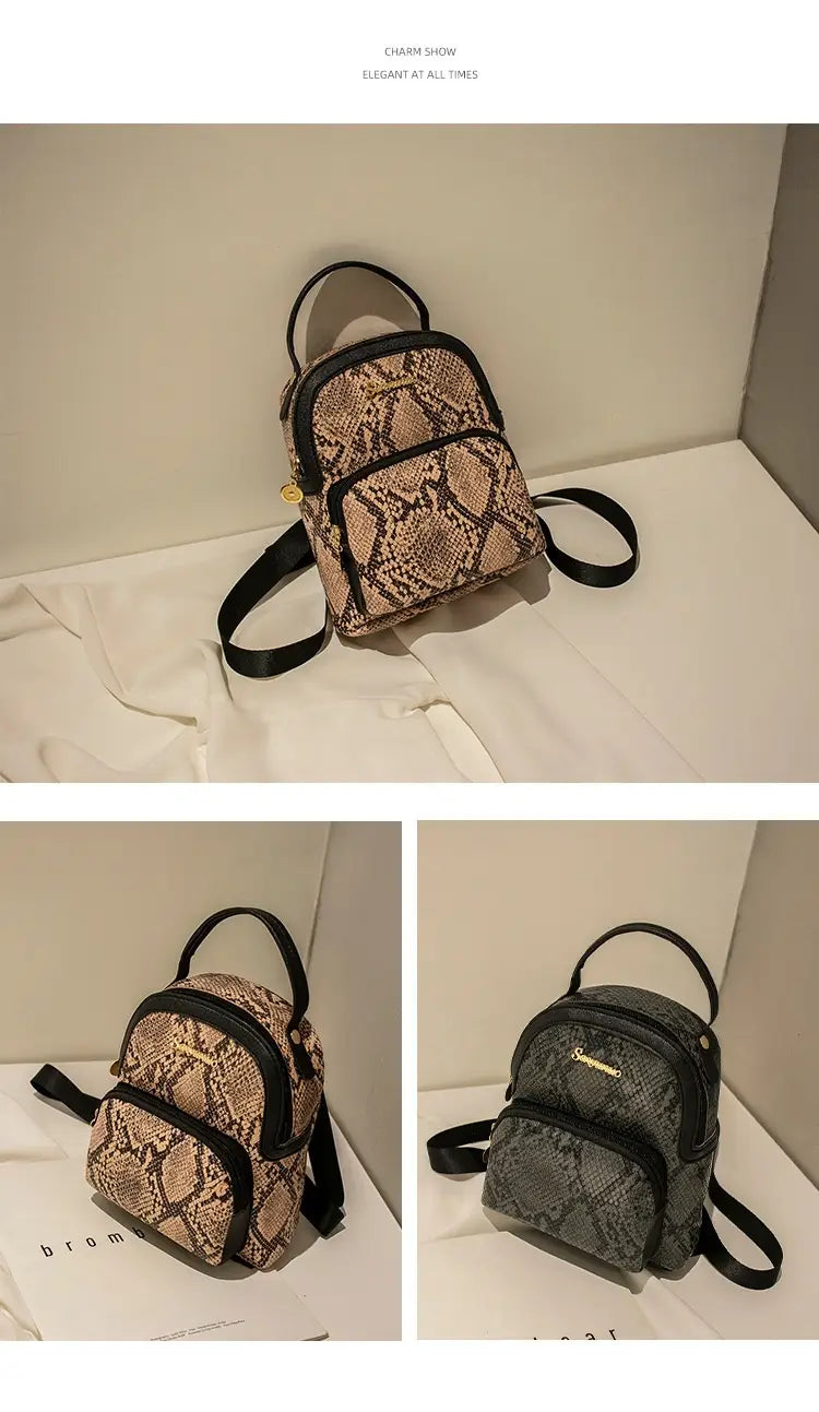 Mini backpack cow and snake print Korean style in beige and black tones with a stylish snakeskin pattern.