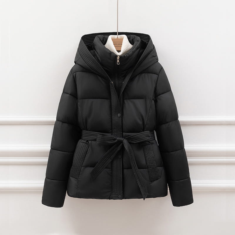 Women quilted hooded winter puffer coat in black with ribbed belt and white fleece lining designed for cold weather.
