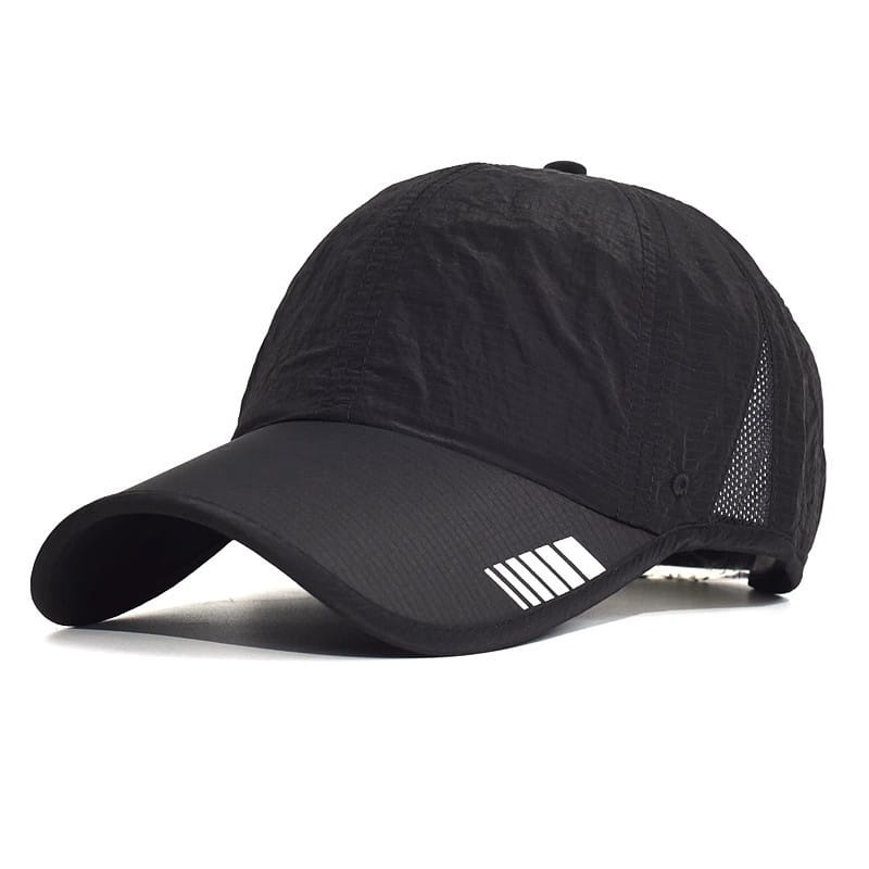 black quick-drying running hat with mesh back and white striped logo on the brim designed as a sports sun cap