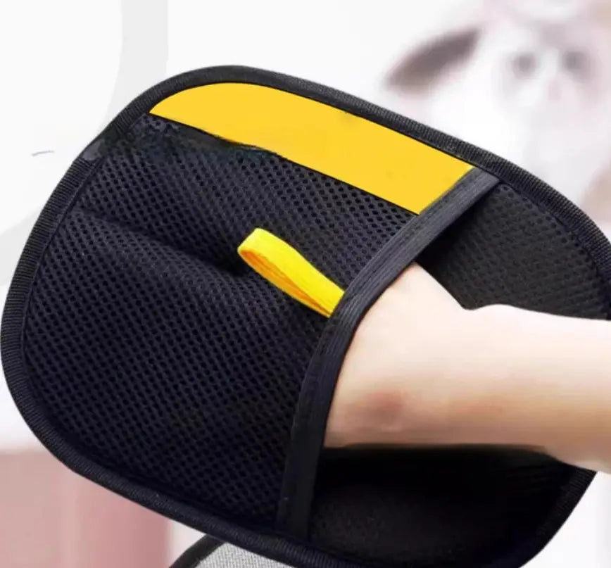 Black mesh car phone holder with a bright yellow accent strip and matching pull tab designed for cat hair removal grooming mitt pet fur remover glove.