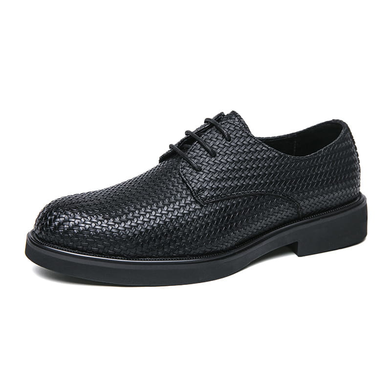 Men’s woven leather platform British dress shoe in black with lace-up design and solid rubber sole.