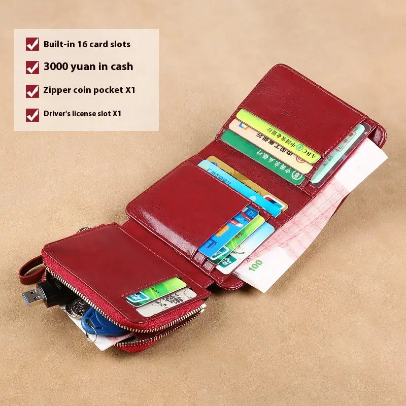Red leather womens leather rfid large capacity buckle wallet with 16 card slots zipper coin pocket and drivers license slot.
