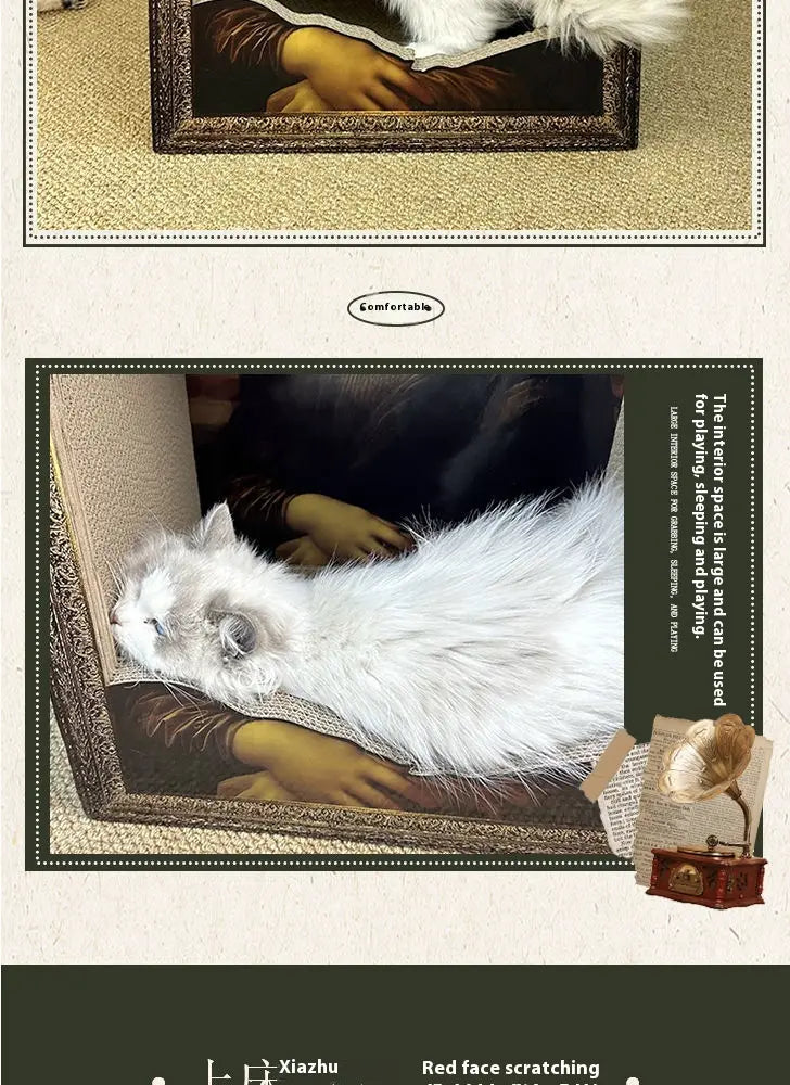 Eine plüschige weiße Katze liegt bequem auf einem gepolsterten „Mona Lisa“-Katzenkissen-Kratzbrett mit prunkvollem Rahmen.