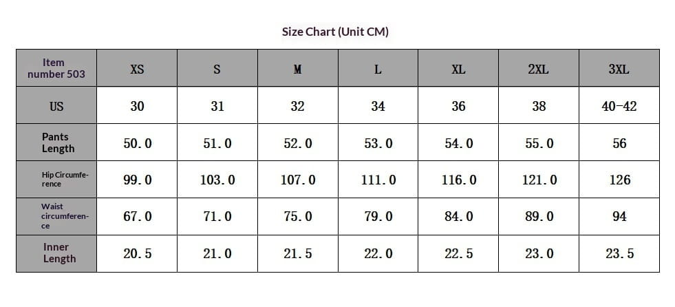 Guide des tailles pour les shorts cargo utilitaires pour homme, décontractés d’été, avec cordon de serrage et poches, référence 503, présentant les mesures en centimètres de la taille XS à 3XL.
