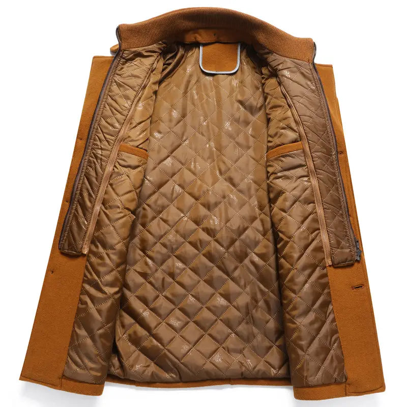 Men wool winter overcoat quilted jacket in brown featuring a soft padded interior and ribbed collar.