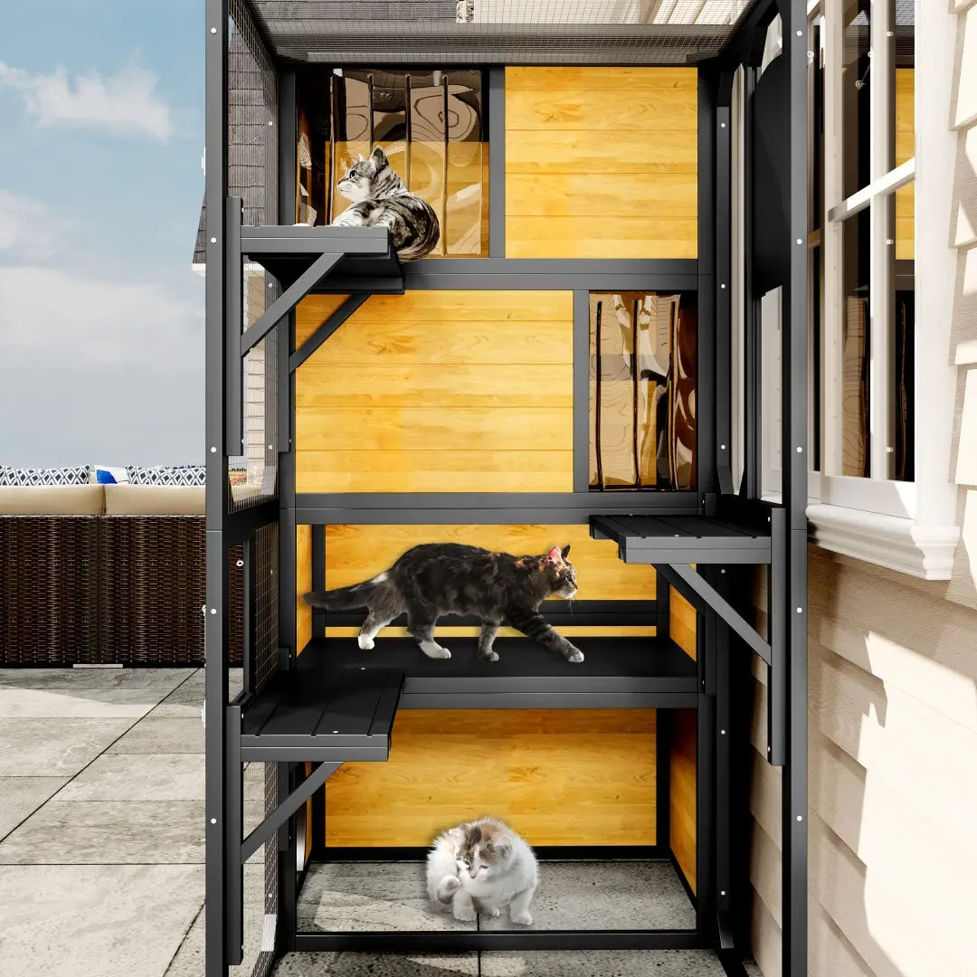 Large outdoor catio 4 tier wooden cat enclosure with a black metal frame and light wood panels featuring multi-level enclosed spaces for cats to rest or hide.