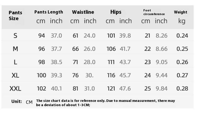 Size chart for men’s quick dry nylon loose fit athletic track pants showing measurements in centimeters and inches across sizes S to XXL.