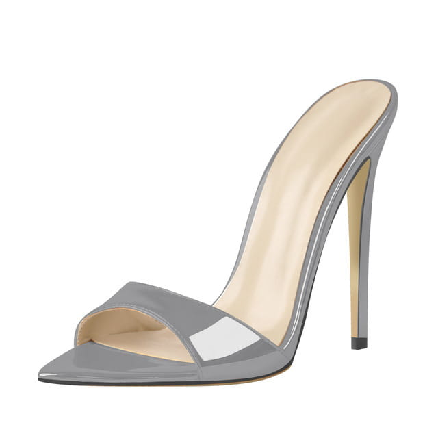 Gray patent leather pointed toe stiletto mule sandal with a high heel and white rectangular accent on the toe strap featuring a crocodile pattern.